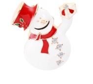 Jule broche - snemand med rød har og lille gave - med søde sten i hat og på frakke